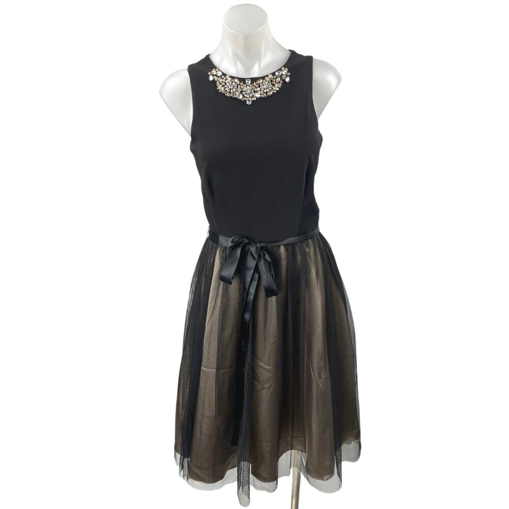 Cachet Black Jeweled Rhinestone Sleeveless Mesh Midi Tank Fit & Flare Dress Sz 8